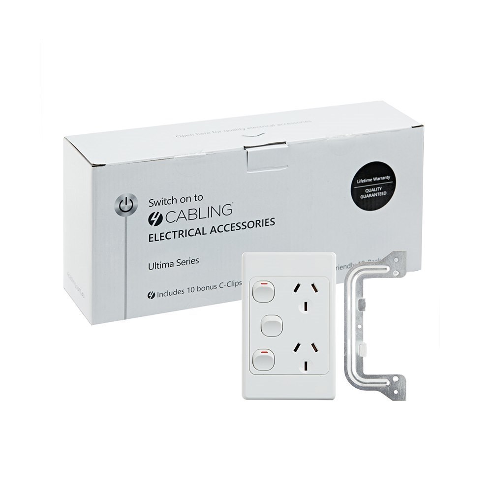 4Cabling 4C | Ultima Double Power Point 250V 10A with16AX Extra Switch - Vertical - 10 Pack With 10 Free C-Clips