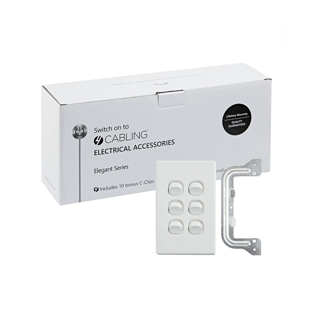4Cabling 4C | Elegant Wall Switch 6 Gang 250V 16A - Vertical - 10 Pack With 10 Free C-Clips