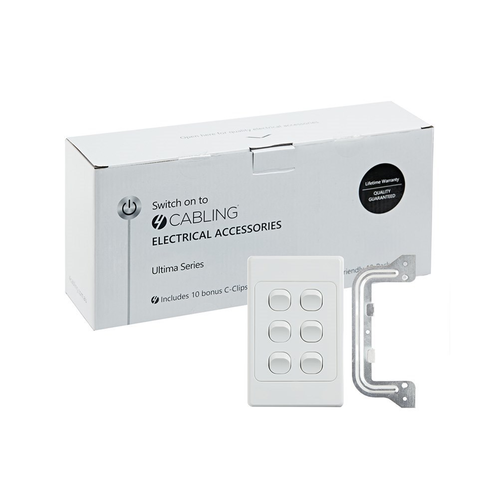4Cabling 4C | Ultima 6 Gang Switch 250V 16Ax - Vertical - 10 Pack With 10 Free C-Clips