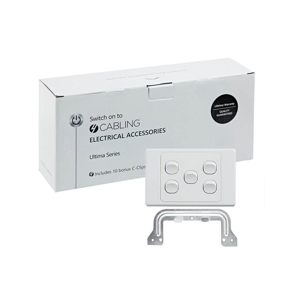 4Cabling 4C | Ultima 5 Gang Switch 250V 16Ax - Horizontal - 10 Pack With 10 Free C-Clips