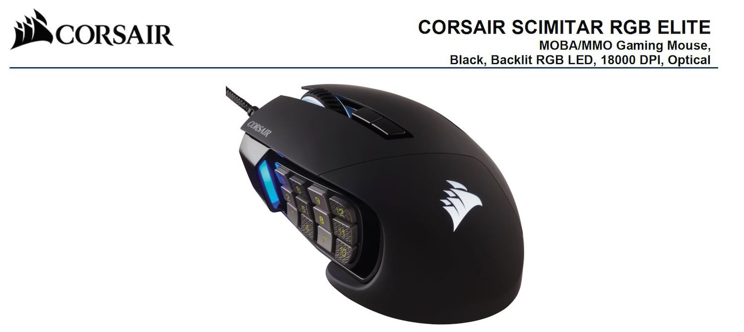 Corsair Scimitar RGB Elite Black Gaming Mice, 17 Programmable Buttons, 18,000 Dpi (LS)