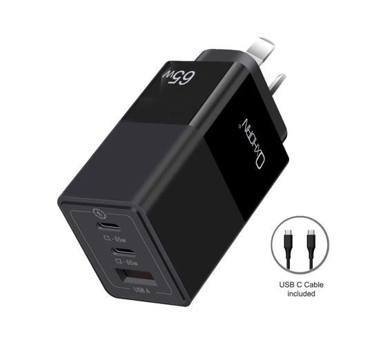 Just You PC Oxhorn 65W GaN Type C Fast Charger 3 Port 2xUSB-C 1xUSB-A PD3.0 QC4.0 PPS Aus Approved C-Tick Black With Cable