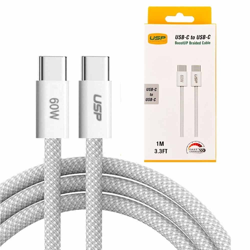 Usp Braided Usb-C To Usb-C PD 60W High Density Fast Charge Cable (1M) White - 3A Fast & Safe Charge,Strong & Durable, Samsung Galaxy,Apple iPhone
