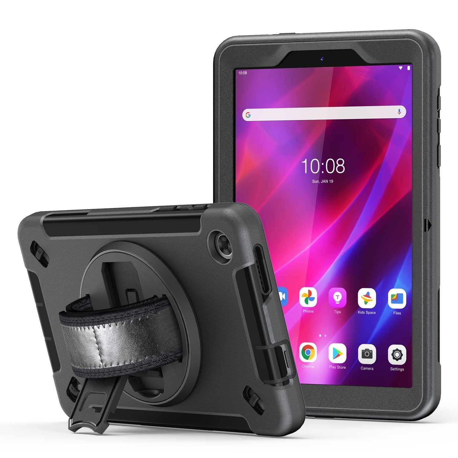 Usp Rugged Lenovo Tab M8 (4TH Gen) (8') (TB-300) Case + Screen Protector Black - Built-in-Kickstand, Adjustable Hand Strap, Shoulder Strap