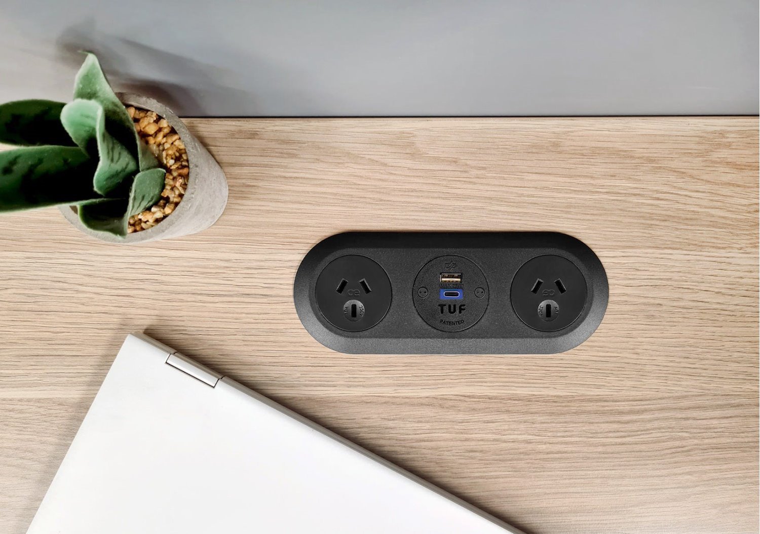 Oe Elsafe | Pip3 649005 | Mounted Desktop Power 2 X Gpo 1 X Tuf-R 25W With 2000MM Lead And 10A Three Pin Plug | Black