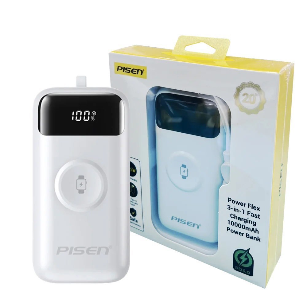 Pisen Flex 10K mAh 22.5W 3 In 1 PD 3.0 Fast Charging Power Bank - CCC-Certified, Supports (PD 3.0/QC 3.0/Fcp/Afc), Built-In Type-C & Lightning Cables