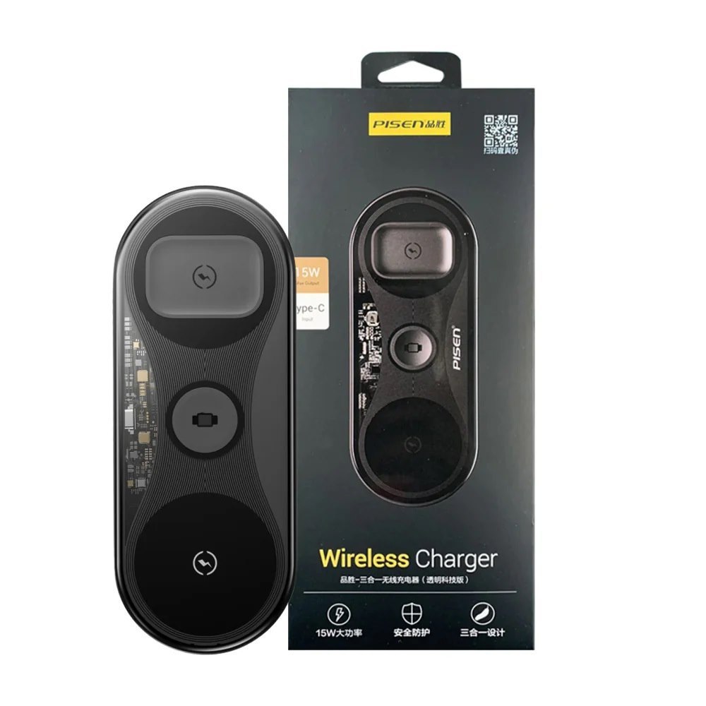 Pisen 3-In-1 Wireless Charger - Black, High-Speed Charging, Support Simultaneous Charging, Multiple Power Outputs, Multiple Protection System