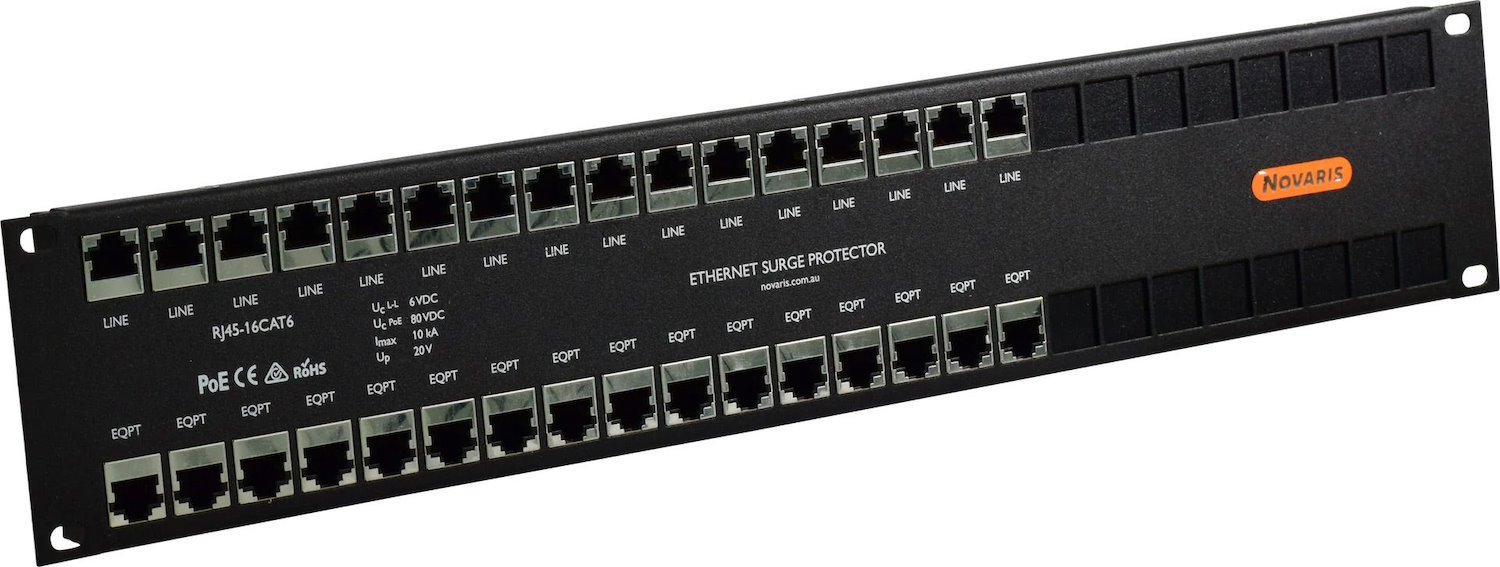 Novaris | Rj45-16Cat6 | Data Lan Protector, 16 Port, RJ45 Connectors, For 1000BaseT, Cat6 & PoE - 2Ru 19" Rack Mount
