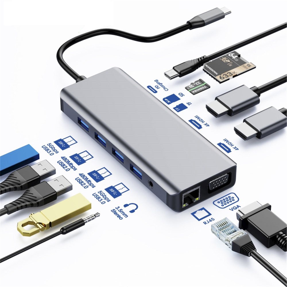 Astrotek Usb-C Dock 12-In-1 Multiport Docking Station With 100W Usb-C PD 2xHDMI 4K Vga Glan 2xUSB3.0 2xUSB2.0 Card Reader For HP Lenovo Asus MacBook