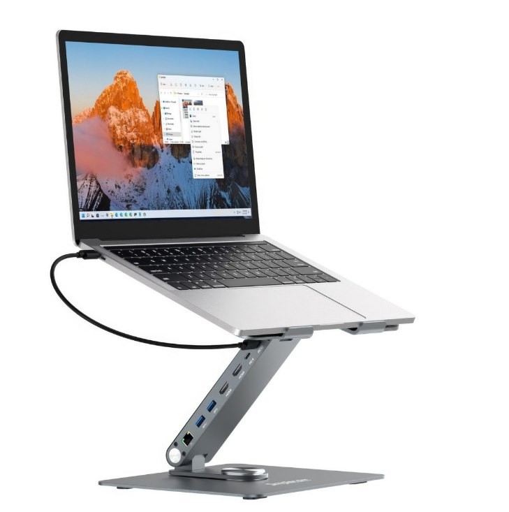 Simplecom CHT660 Adjustable Aluminium Laptop Stand With 6-Port Usb-C Docking Station Dual 4K Hdmi Display Compatible With Laptops From 10 To 17 Inches