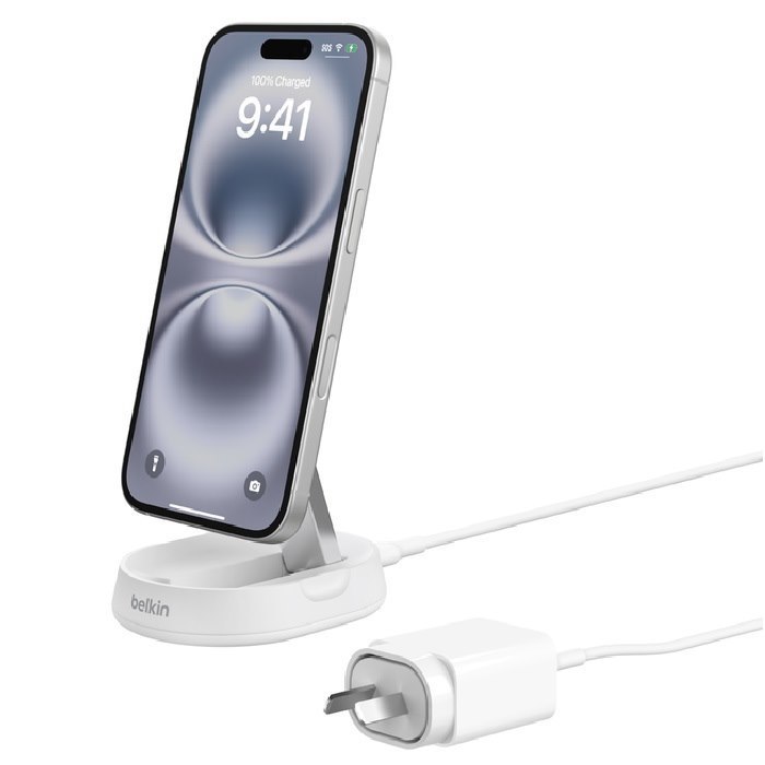 Belkin BoostCharge Pro Convertable Magnetic Wireless Charging Stand With Qi2 15W, White(WIA008auWH), 20W Power Supply With Attached Usb-C Cable