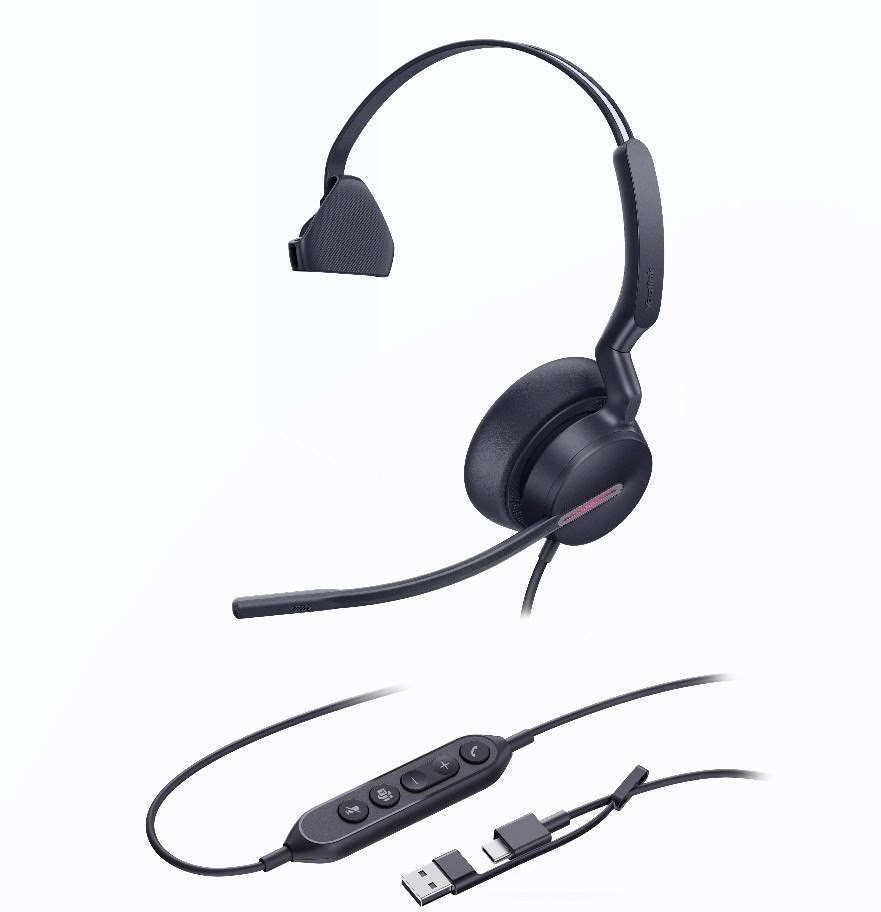 Yealink Uh46 Mono Teams Usb-C/A Microsoft Certified Teams Usb Wired Headset 3-Noise-Canceling Microphones 35MM Speaker Busylight Leather Controller