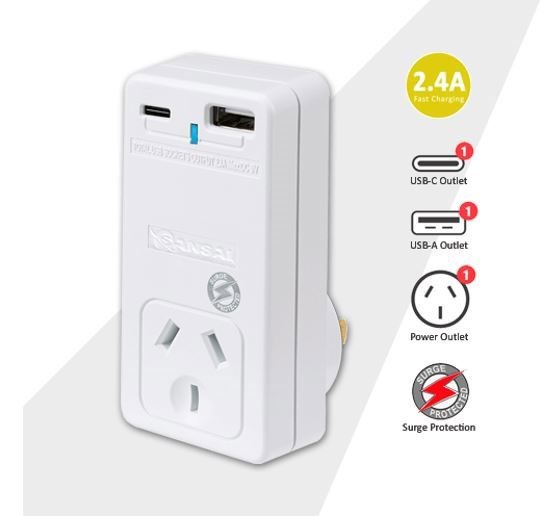Generic Sansai Usb C + A 2xUSB Charging Outlets Power Adaptor 240V 10A Surge Protection Power Status Indicator Wall Charger