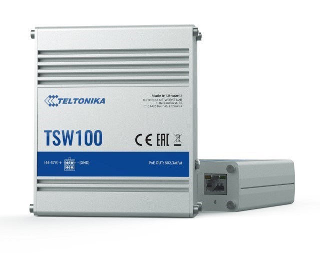 Teltonika | TSW100 | 5 Port Industrial Unmanaged Gigabit Switch With 4 Port PoE+, Plug-N-Play