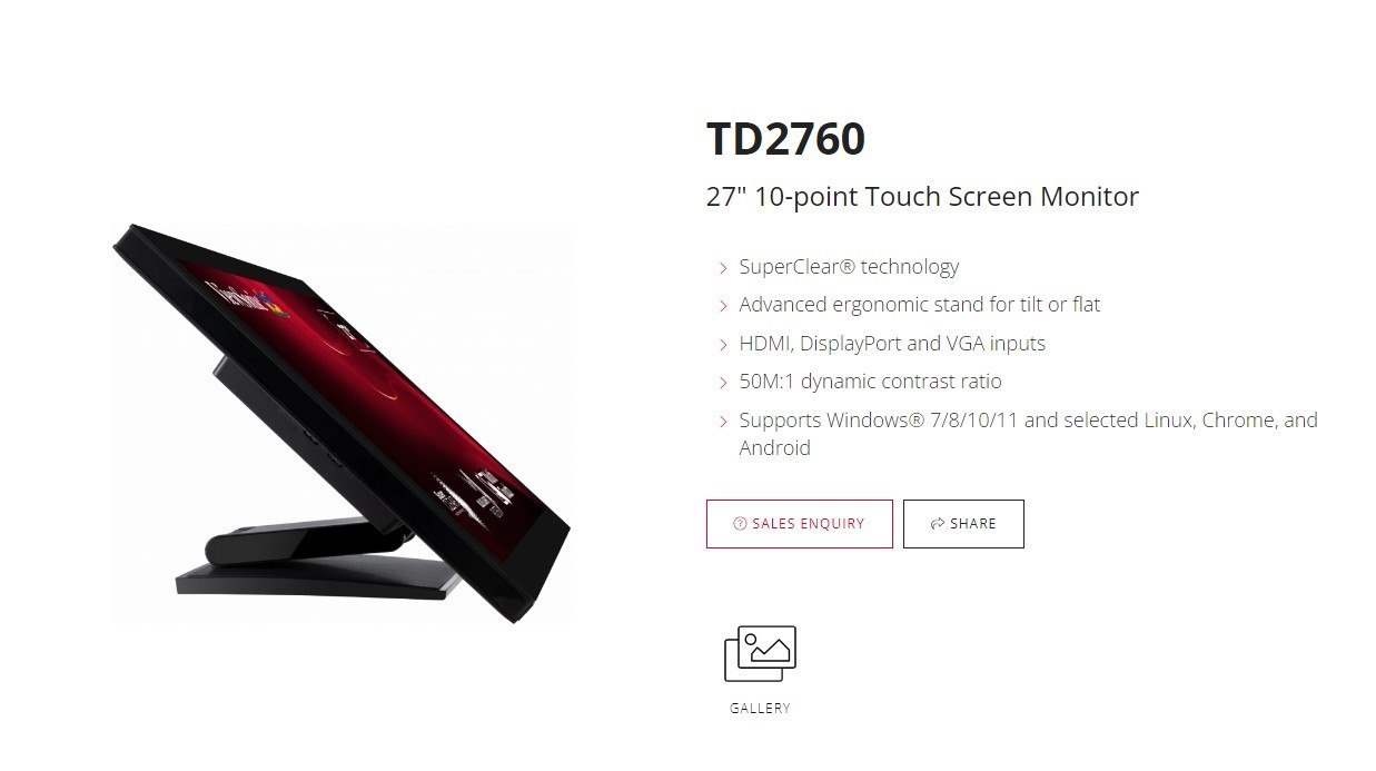 ViewSonic 27' TD2760 10-Point Touch Screen, RS232 Serial Port, Advance Ergonomic Tilt Or Flat. Supports Winodws, Chrom, Linux, Android, Monitor,