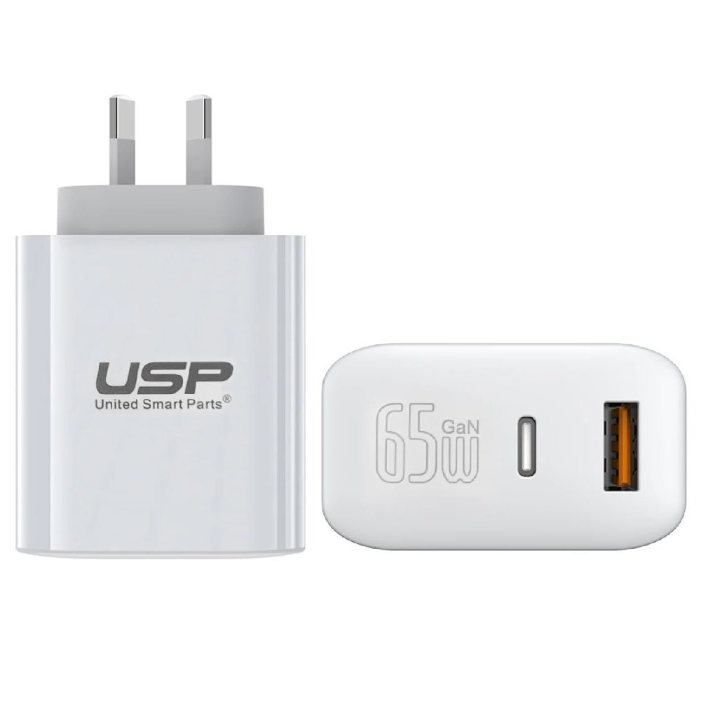 Usp 65W Dual Ports (Usb-C + Usb-A) PD GaN Wall Charger White - PPS Technology, Intelligent,Travel Ready,Charge 2 Devices Simultaneously,Laptop Charger