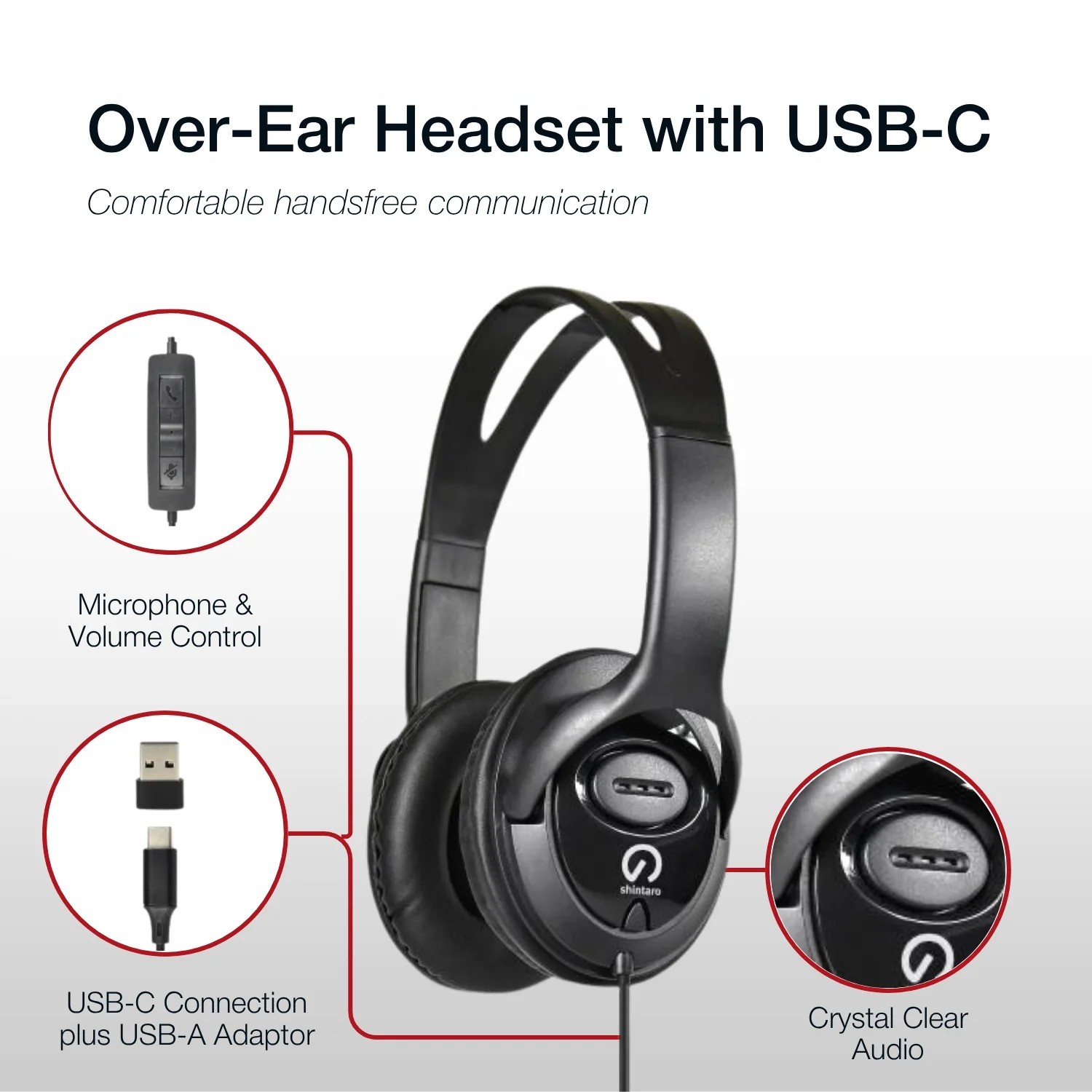 Shintaro Over-The-Ears Usb-C Headset With In-Line Microphone - Includes Usb-C To Usb-A Adaptor For Use With Laptops