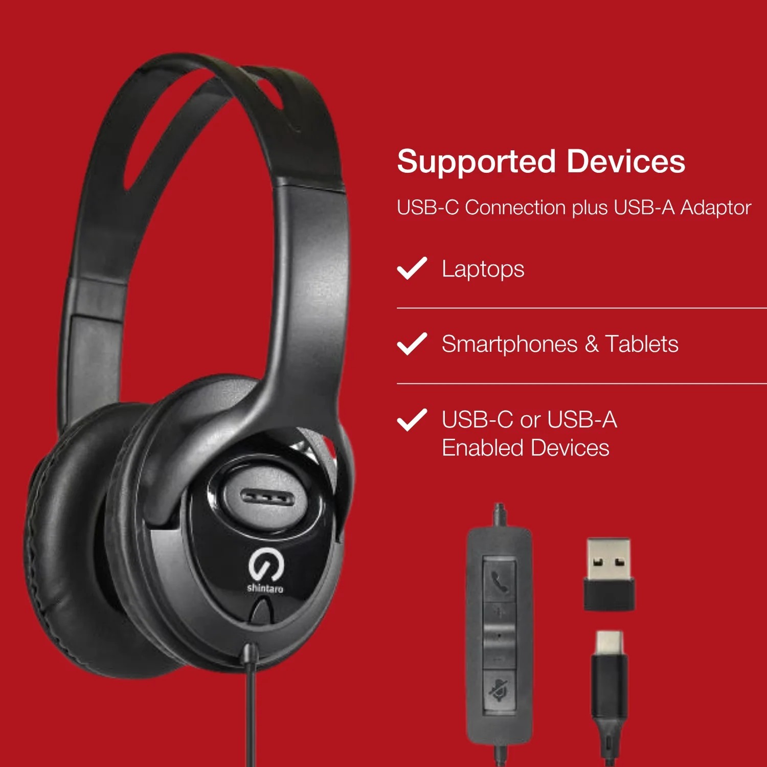 Shintaro Over-The-Ears Usb-C Headset With In-Line Microphone - Includes Usb-C To Usb-A Adaptor For Use With Laptops