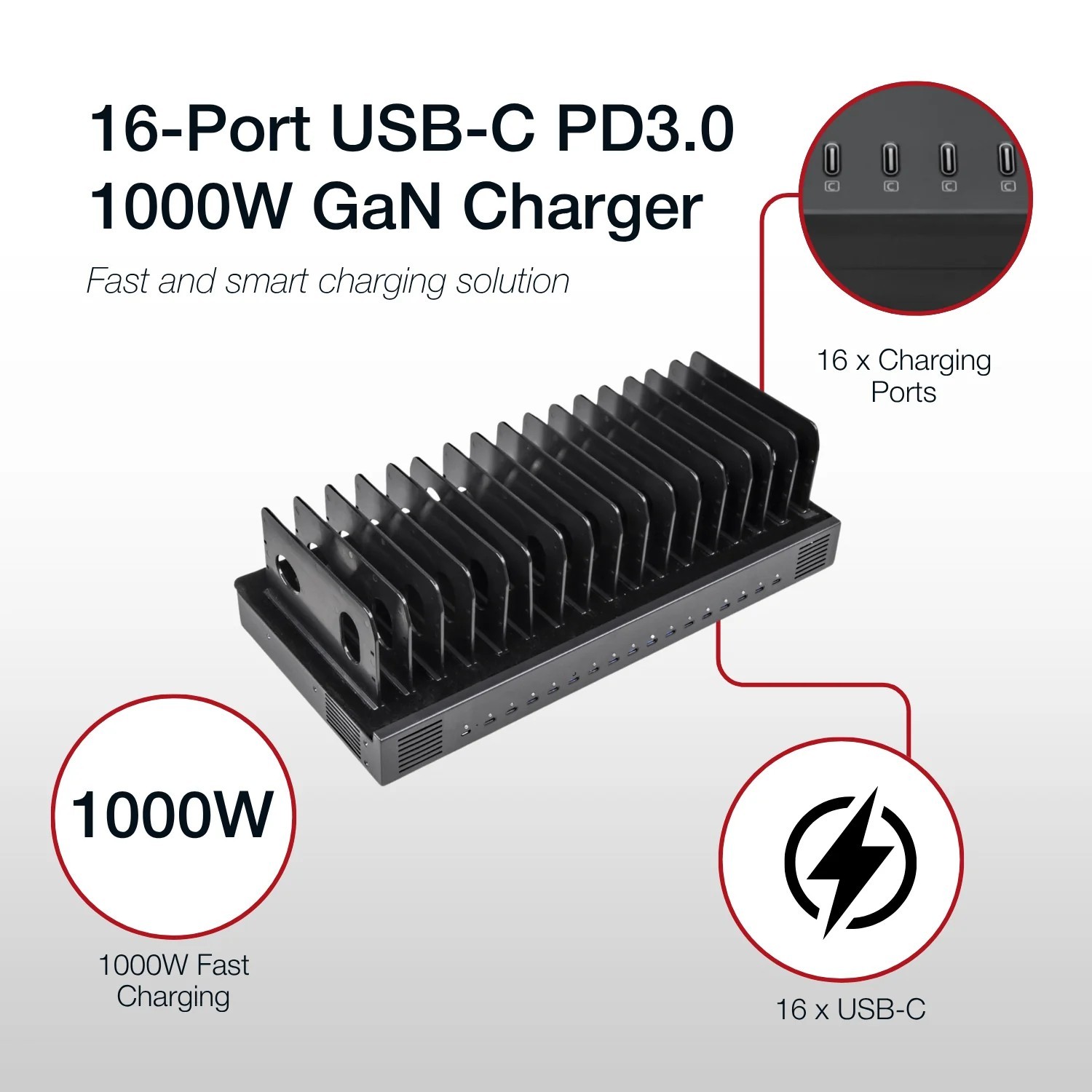 Shintaro Multi Port Charger/Dock With Adjustable Bays - Black, 16 Usb-C