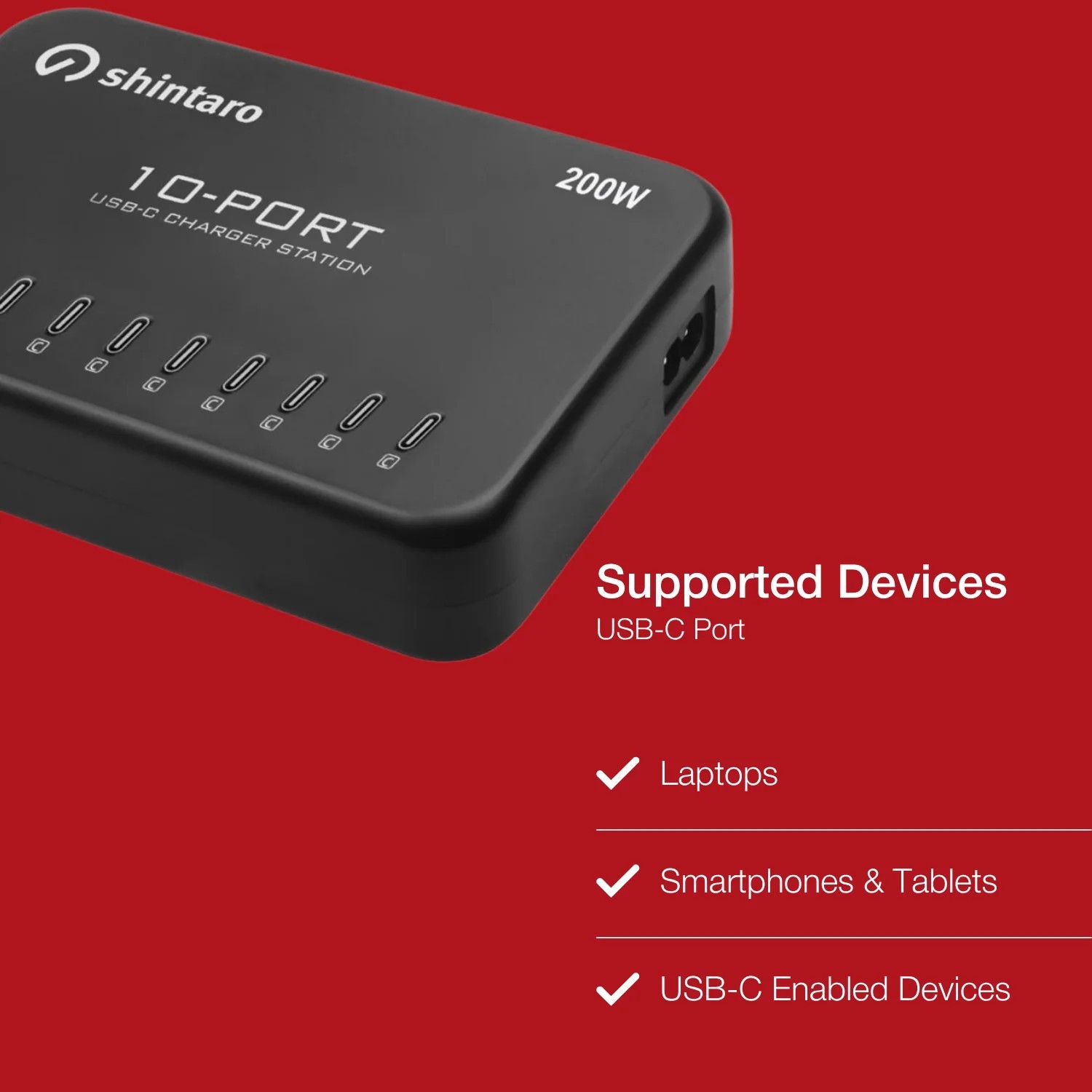 Shintaro 200W 10-Port GaN Usb-C Charger - Simultaneous Fast Charging For iPads, Tablets, Smartphones With Smart Cooling And Protection