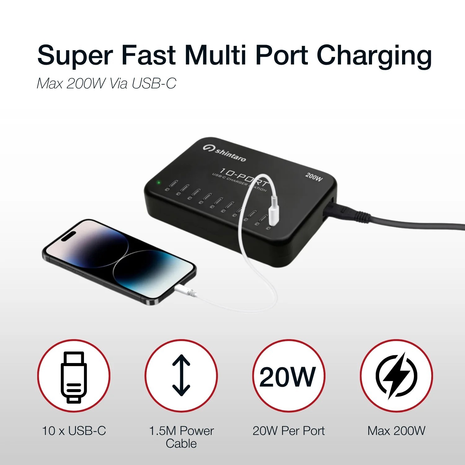Shintaro 200W 10-Port GaN Usb-C Charger - Simultaneous Fast Charging For iPads, Tablets, Smartphones With Smart Cooling And Protection