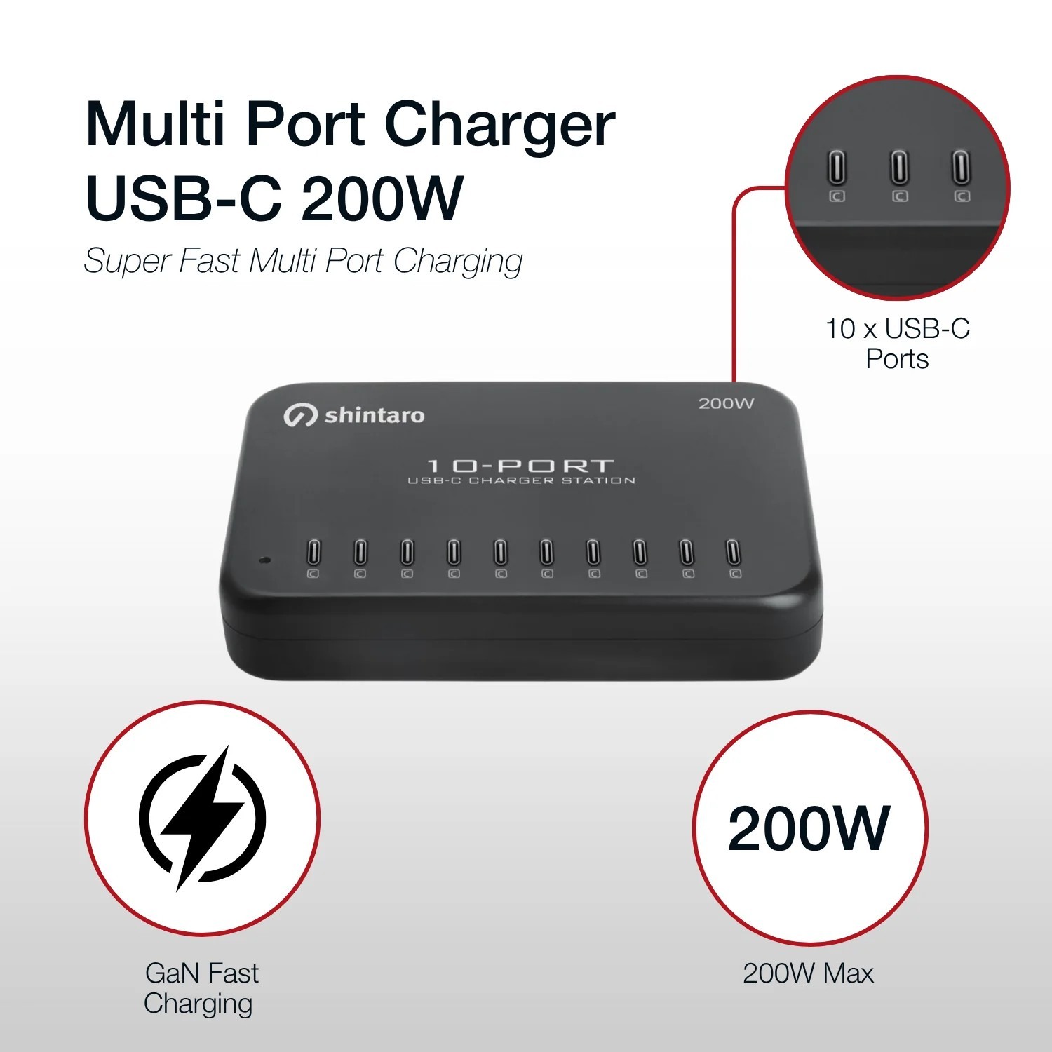 Shintaro 200W 10-Port GaN Usb-C Charger - Simultaneous Fast Charging For iPads, Tablets, Smartphones With Smart Cooling And Protection