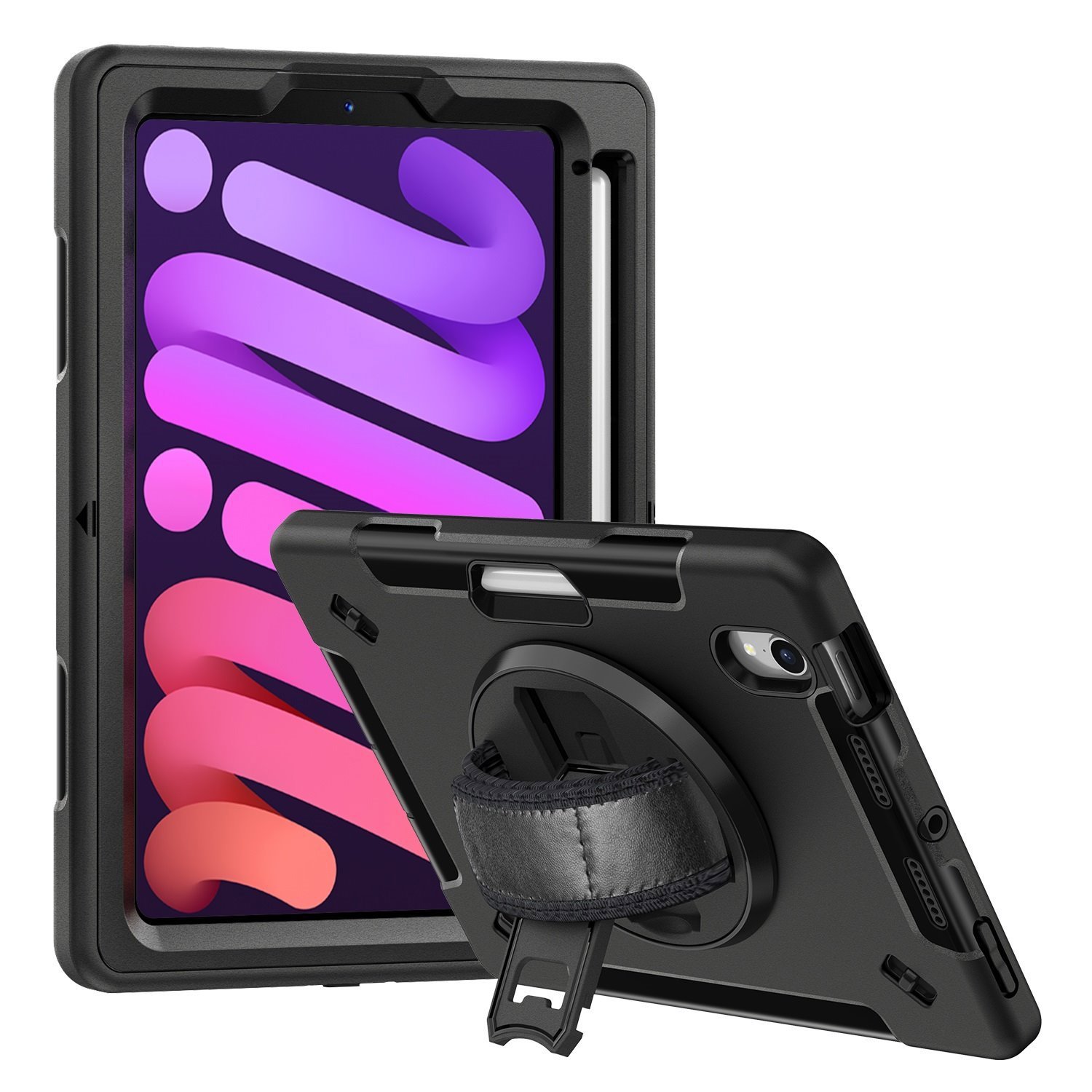 Usp Generic Rugged Apple iPad Mini (8.3') (6TH Gen) Case With Sling Black - Built-in-Kickstand, Adjustable Hand Strap, Pen Holder, DropProof, ShockProof