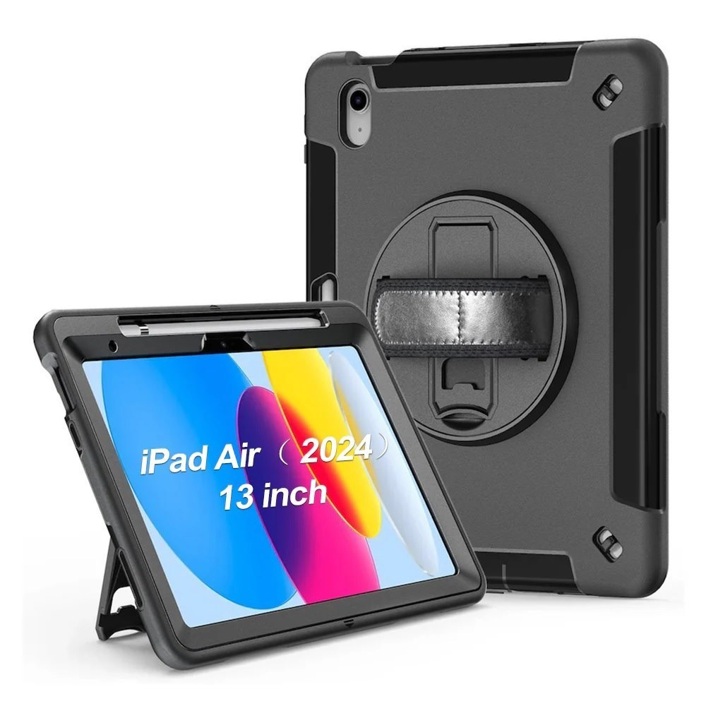 Usp Generic Rugged Apple iPad Air M2 (13') (1ST Gen) / iPad Pro (12.9') (6TH/5TH/4TH/3RD) Case Black - Built-in-Kickstand, Adjustable Hand Strap