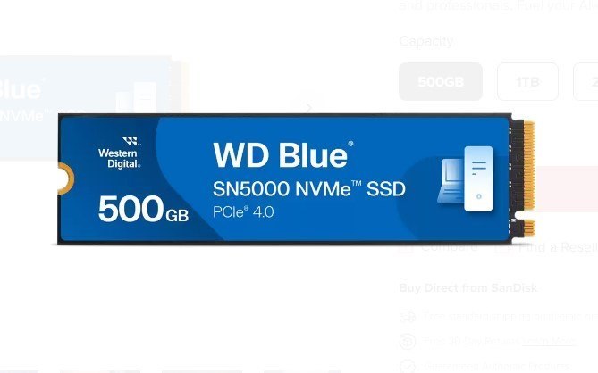 SanDisk Western Digital WD Blue SN5000 NVMe™ 500GB SSD M.2 2280, 5,000MB/s R 4,000MB/s W, 460K Iops R / 770K Iops W, PCIe Gen4 X4, 5-Y Warranty