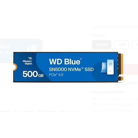 SanDisk Western Digital WD Blue SN5000 NVMe™ 500GB SSD M.2 2280, 5,000MB/s R 4,000MB/s W, 460K Iops R / 770K Iops W, PCIe Gen4 X4, 5-Y Warranty