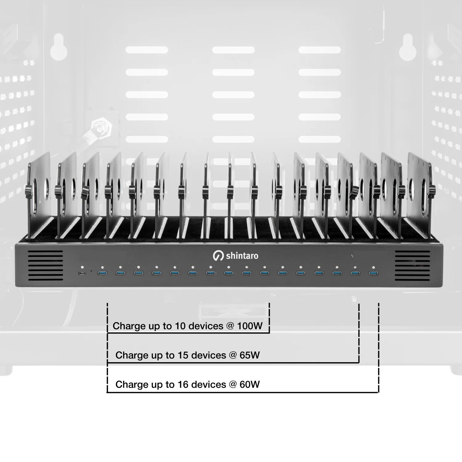 Shintaro 16 Ports Usb-C Charging Cabinet 1000W For NoteBooks And Other Devices Up To 16" - Black