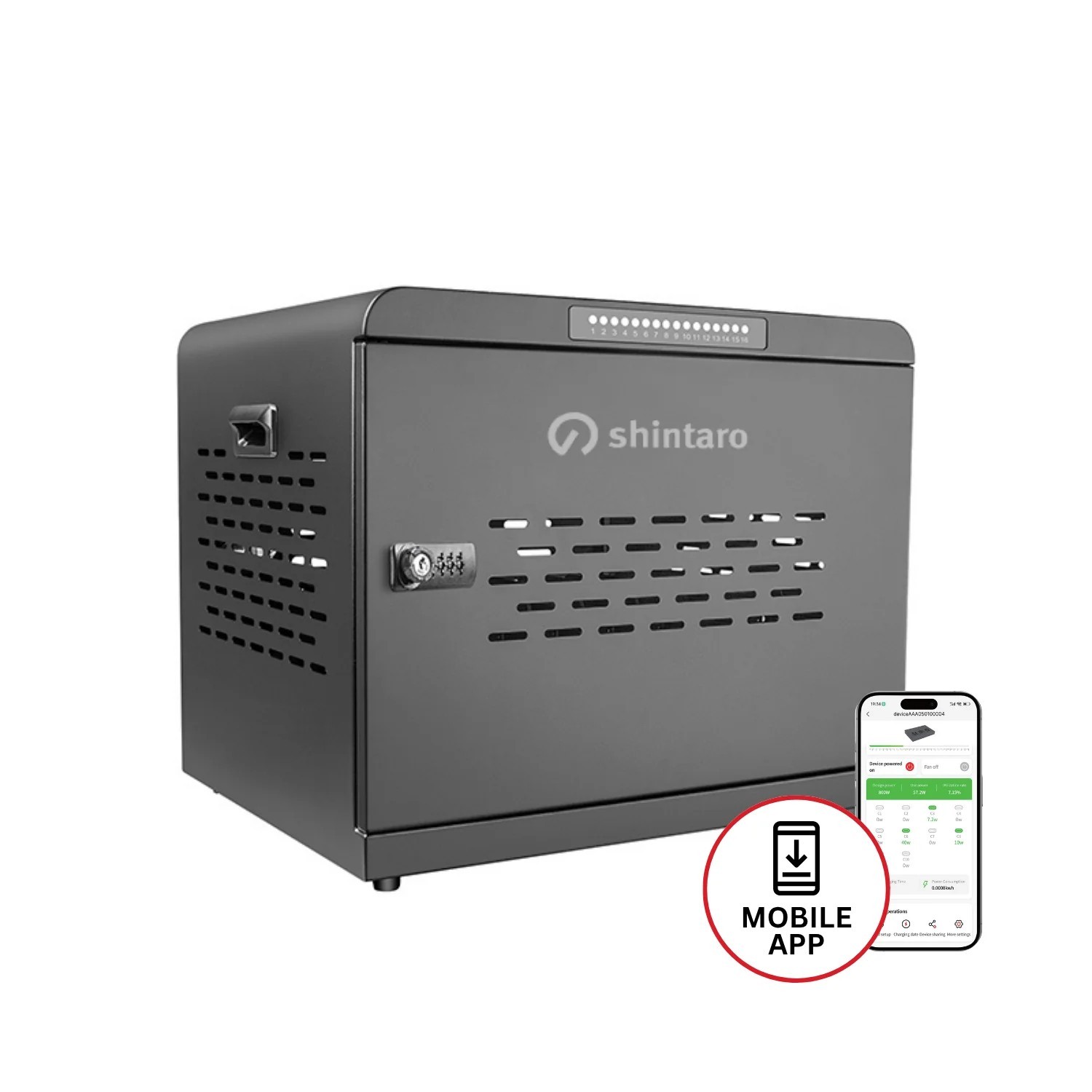 Shintaro 16 Ports Usb-C Charging Cabinet 1000W For NoteBooks And Other Devices Up To 16" - Black