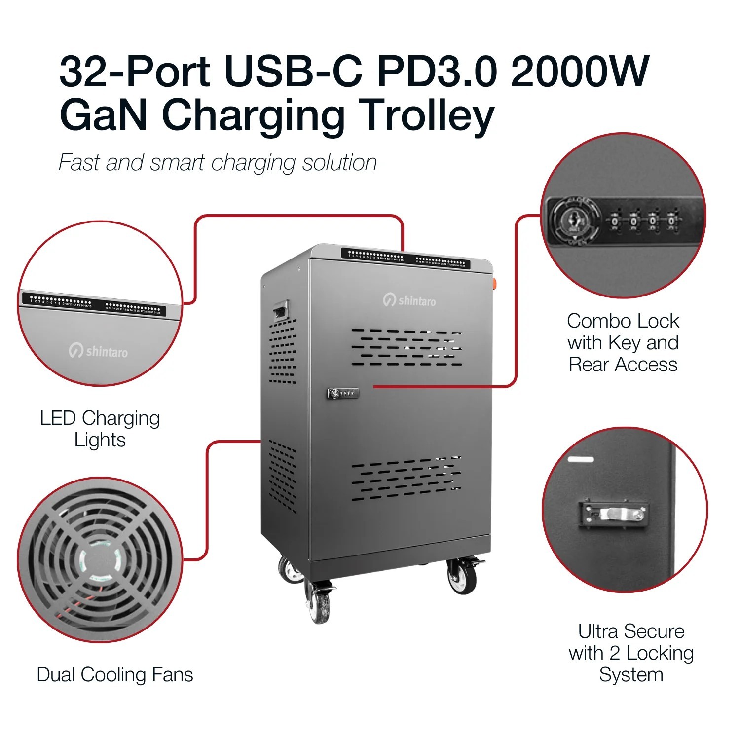 Shintaro 32 Ports Usb-C Charging Cart 2000W For NoteBooks And Other Devices Up To 16" - Black