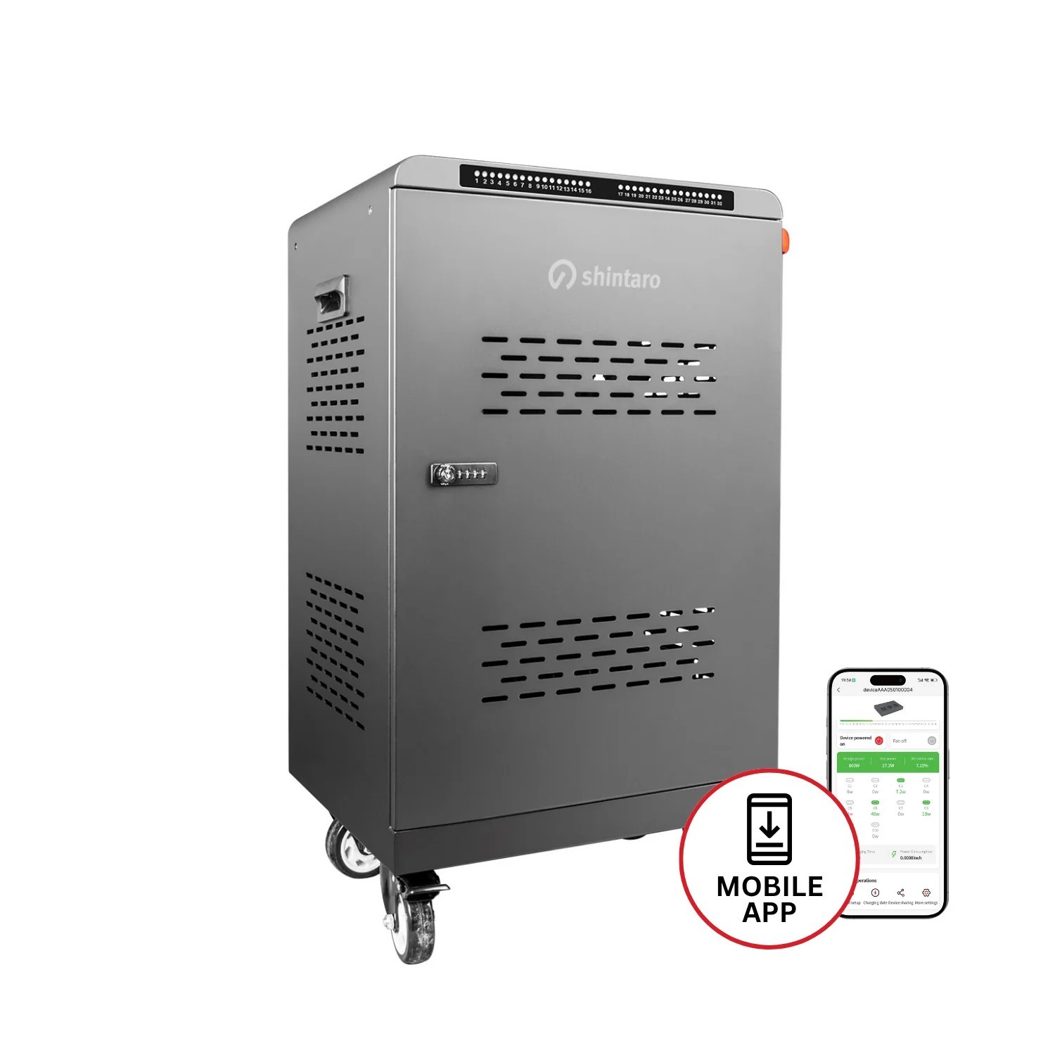Shintaro 32 Ports Usb-C Charging Cart 2000W For NoteBooks And Other Devices Up To 16" - Black