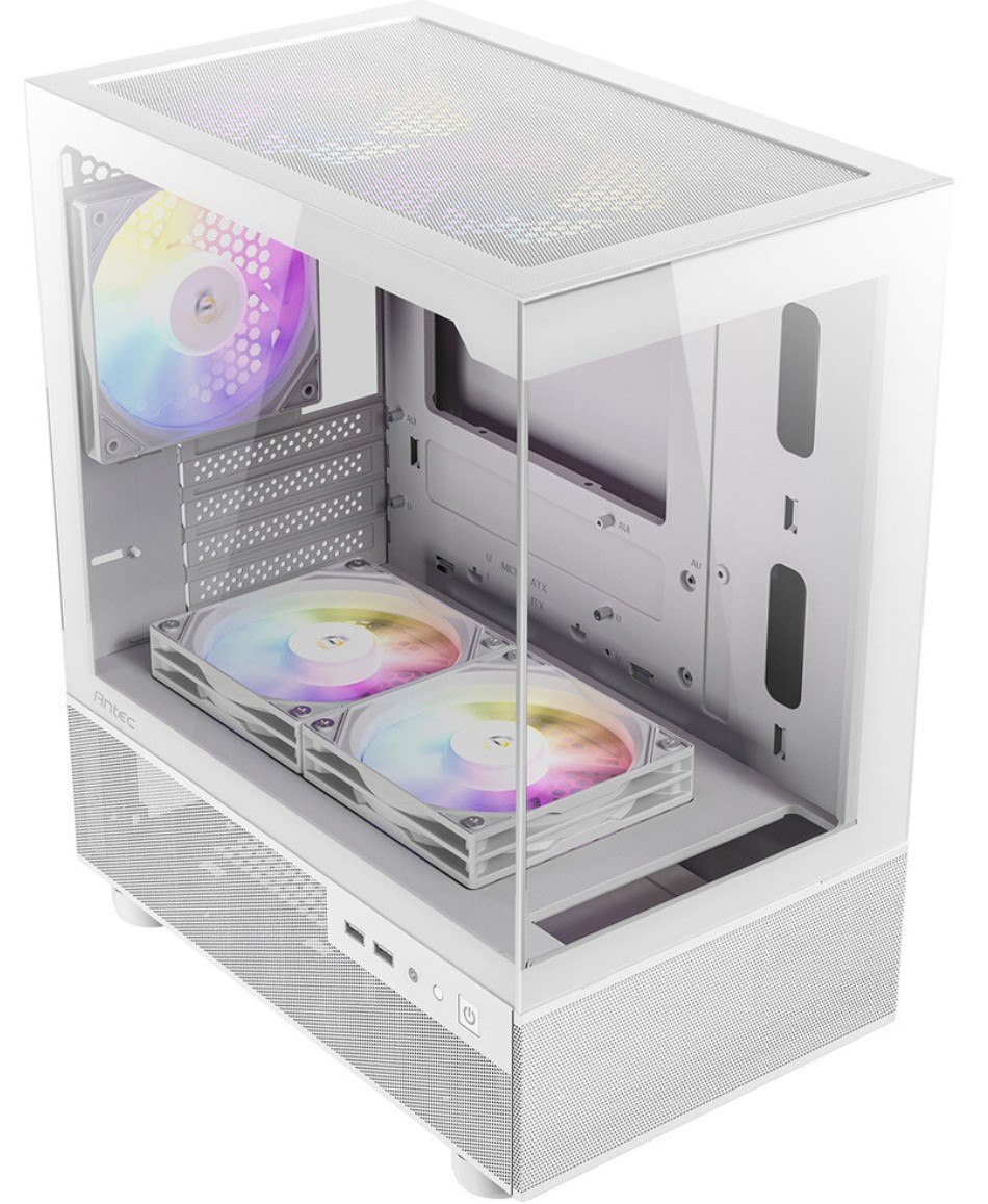 Antec CX200M RGB Elite, Matx, 270 Degrees View, Usb 3.0 X 2, Audio I/O Bottom. Mesh Front And Bottom. Clear Glass View, 5X RGB Fans. White Gaming Case