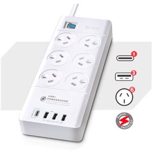 Sansai 6 Way Surge Powerboard With 3X Usb, 1X Usb-C Charging Ports