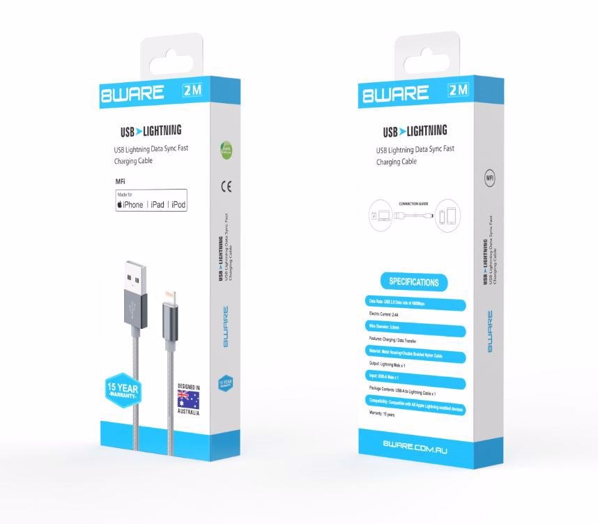 8Ware Premium 2M Apple Certified Usb Lightning Data SYNC Fast Charging Cable For iPhone X XS XR Max 8 7 6 iPad Air Mini iPod Retail Pack