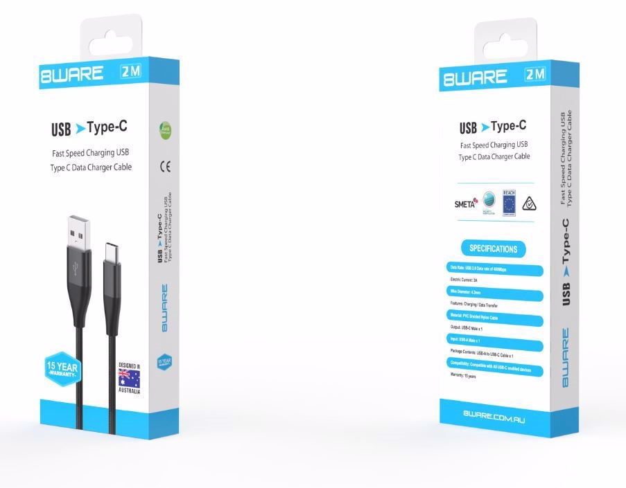 8Ware Premium 2M Samsung Certified Fast Speed Charging Usb-C Type C Data Charger Cable For Samsung Huawei Google LG Retail Pack