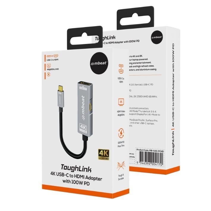 Mbeat Tough Link Usb-C To Hdmi Adapter With 100W PD - Space Grey 5V-20V/5A, 100W PD Up To 4K (3840 X 2160) @60Hz