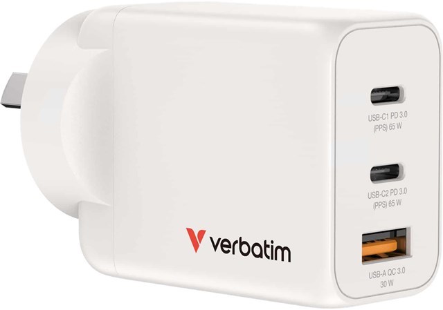 Verbatim 67016 3 Port 65W Usb-A / C GaN Charger - White 95% PCR