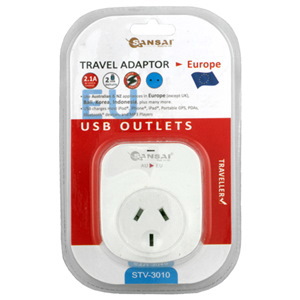 Sansai STV-3010 Outbound Usb Travel Adapter - NZ / Au To Europe Plug Usb-A - Eu & Bali - 2X Usb-A Fast Charge Ports (2.1A)
