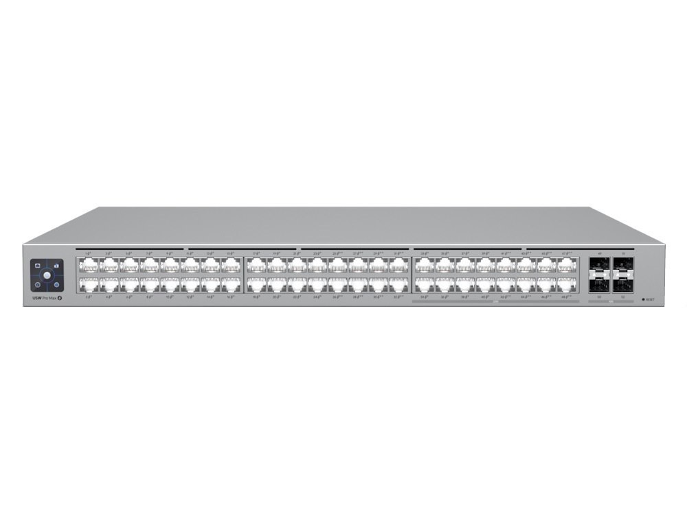 Pro Max 48 PoE, Layer 3 Etherlighting™ switch with 2.5 GbE and PoE++ output.