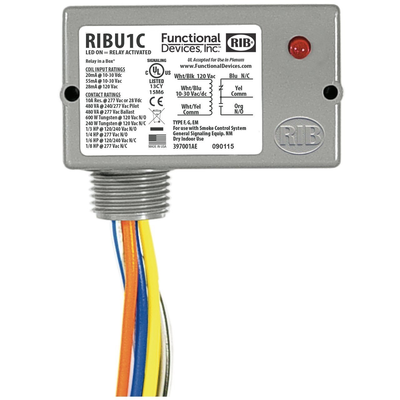 Functional Devices RIBU1C Enclosed Pilot Relay, 10 Amp Spdt with 10-30 Vac/Dc/120 Vac Coil