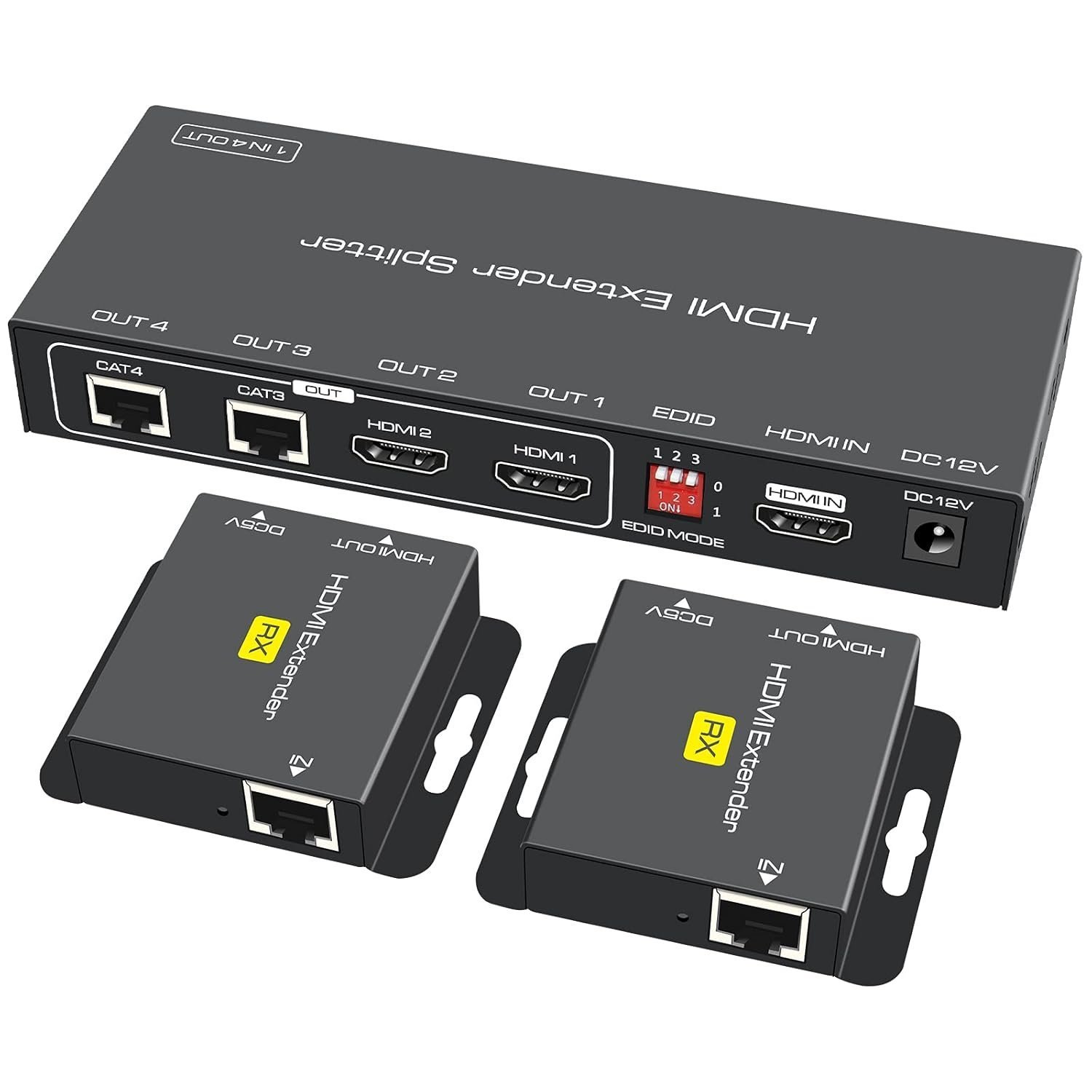 HDMI Extender Splitter 1 in 2 Out Over Cat5e 6 Ethernet Adapter up to 165FT HD1080P 60Hz with Loop Support EDID