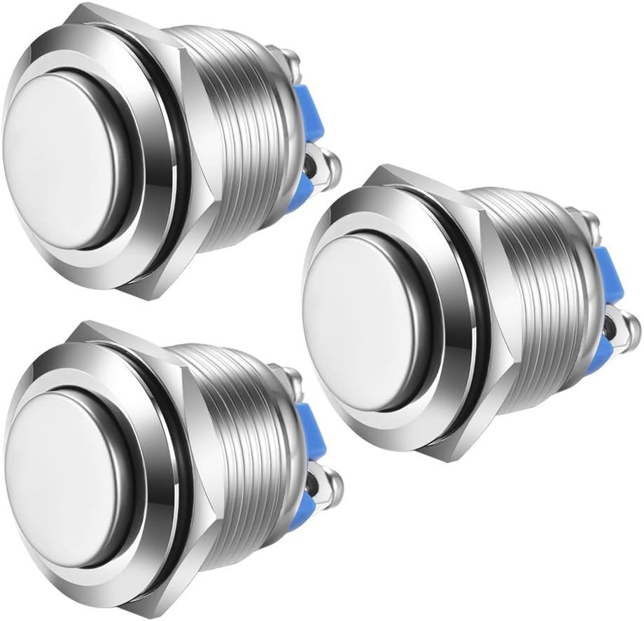 3pcs 19mm Momentary Push Button Screw Type Terminals Stainless Steel Metal Waterproof Button 5A 12V/24V/125V/250VAC with 2 Screw Terminals Stainless Steel(High Head)