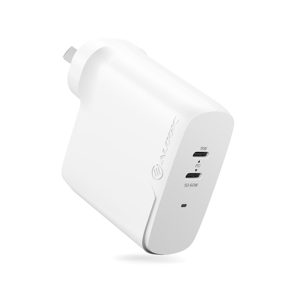 Alogic 2X68 Rapid Power 2 Port 68W GaN Charger –Usb-C (50W) + Usb-C (Max. 18) --Includes 2M Usb-C Charging Cable (Elpcc202-Wh Usb-If Certified)