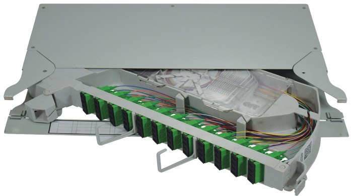 Optotec 1Ru | 19" Rack Mount Pivot Fobot Splice / Patch Shelf | Capacity 48 - Single Mode Sc/Apc Pigtails & Simplex Sc/Apc Adapters