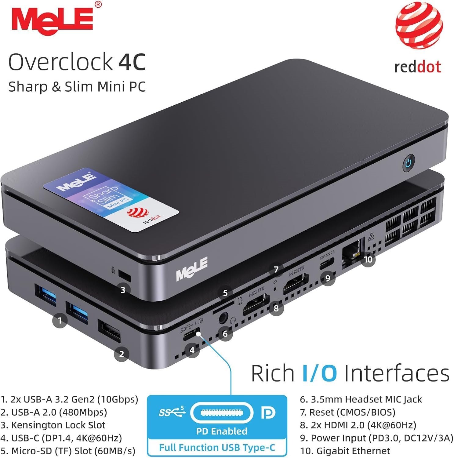 MeLe Overclock 4C Mini-PC,Intel N95,32G,256G Emmc+256Gb SSD,LAN,WiFi,BT,W11Pro