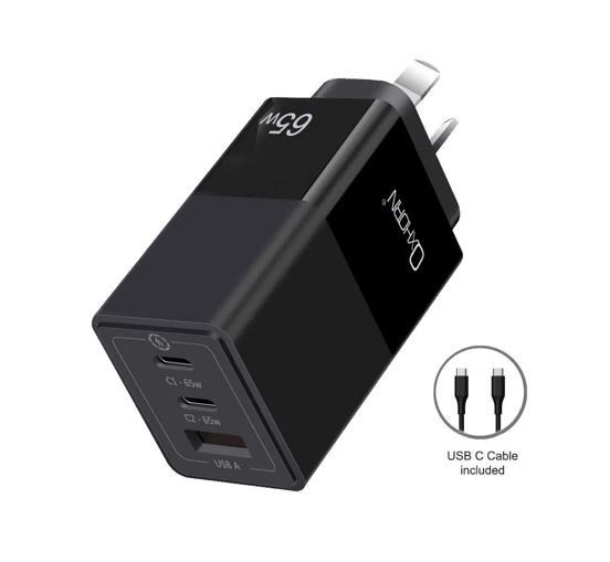 Just You PC Oxhorn 65W GaN Type C Fast Charger 3 Port 2xUSB-C 1xUSB-A PD3.0 QC4.0 PPS Aus Approved C-Tick Black With Cable