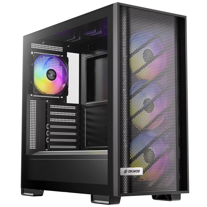 Okinos 612 Argb Mid Tower Atx Case, Tempered Glass, Usb-C 5Gbps, 4X120MM Argb Fans, 405MM Gpu, 175MM Cpu, 360MM Radiator Support
